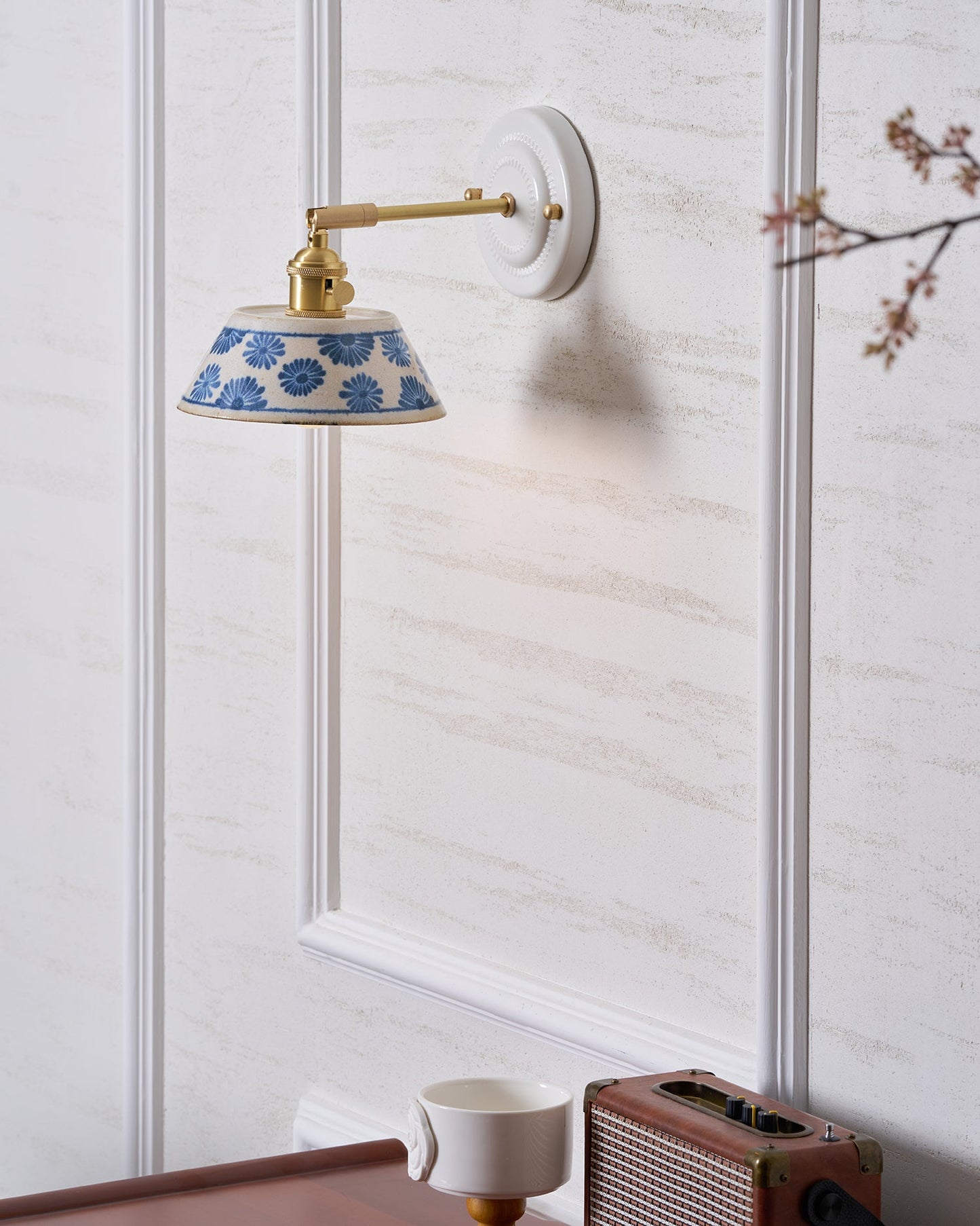 Amélie Porcelain Indigo Wall Lamp with Brass Accents