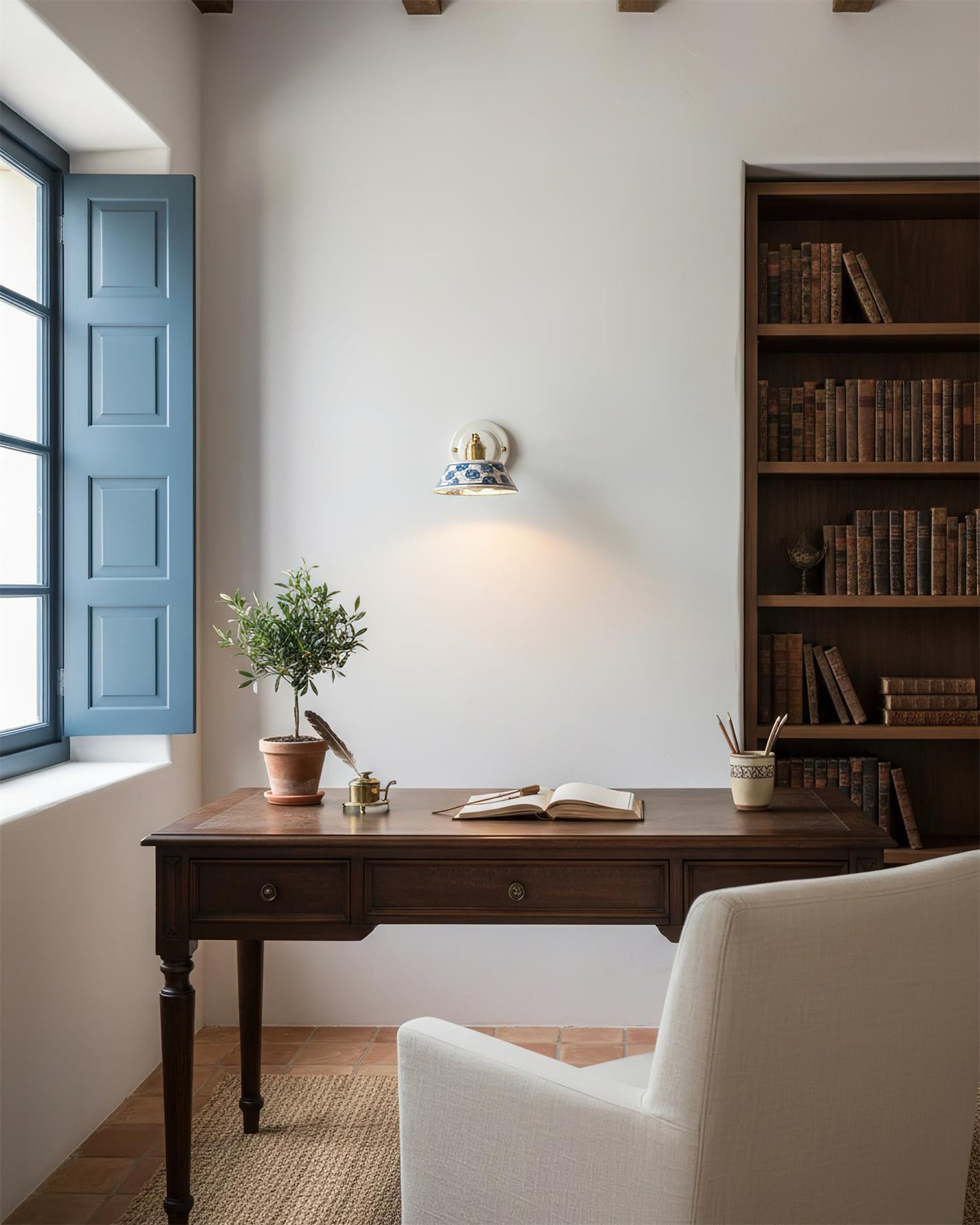 Amélie Porcelain Indigo Wall Lamp with Brass Accents