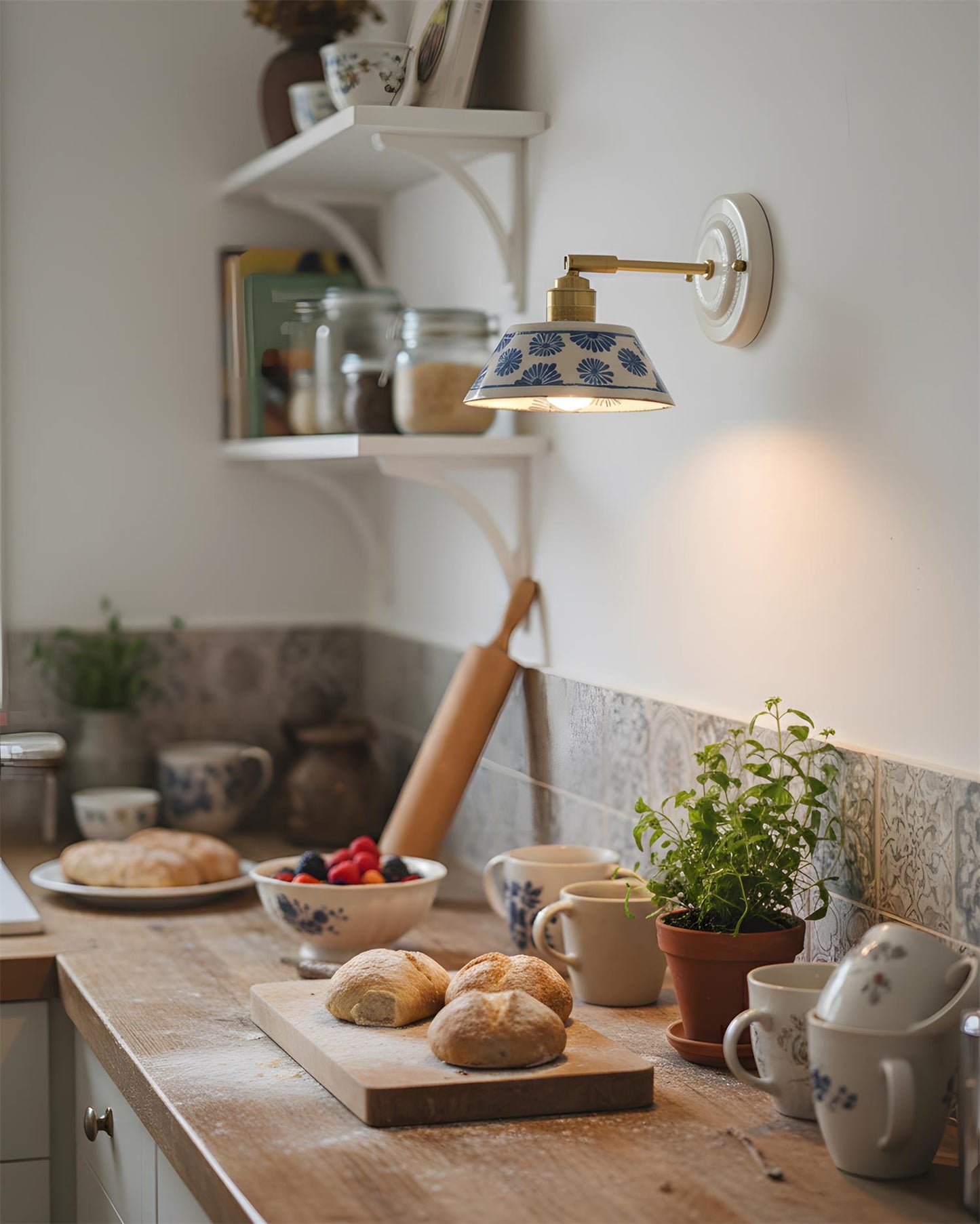 Amélie Porcelain Indigo Wall Lamp with Brass Accents