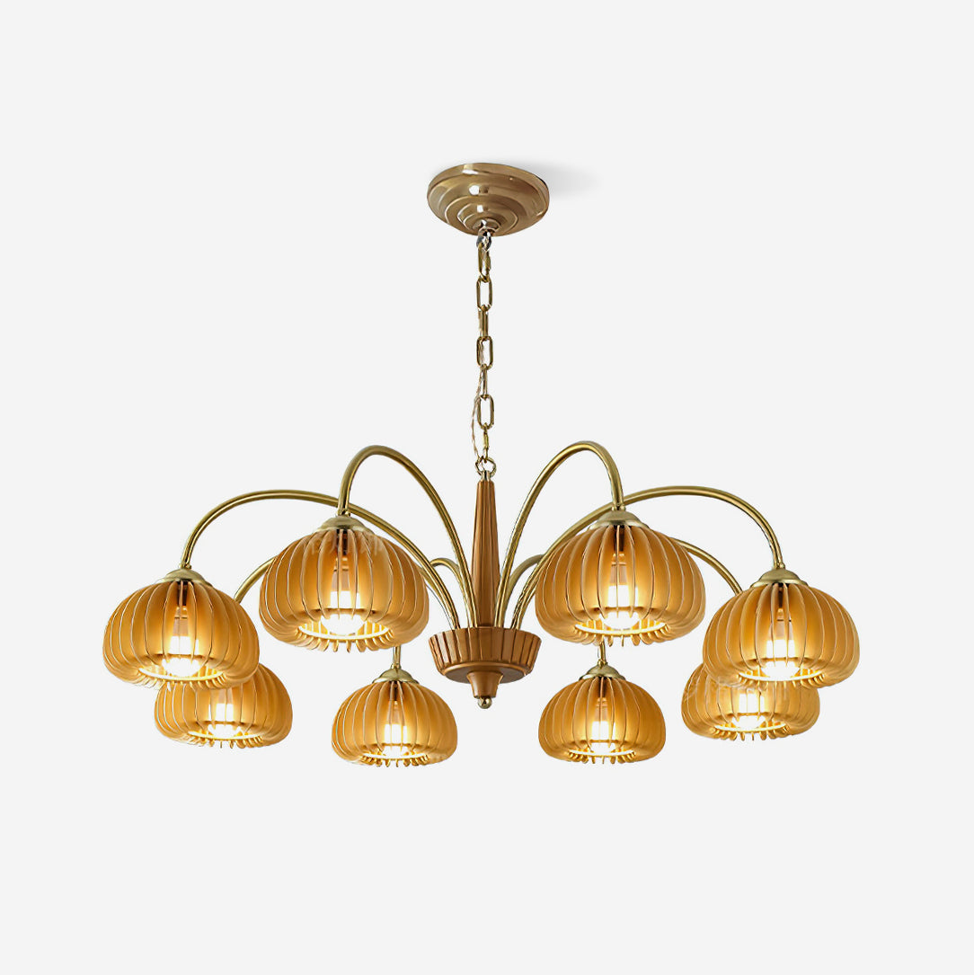 Émilie Chandelier en Bois, Abat-jours Cannelés d'Inspiration Citrouille avec Structure Métallique