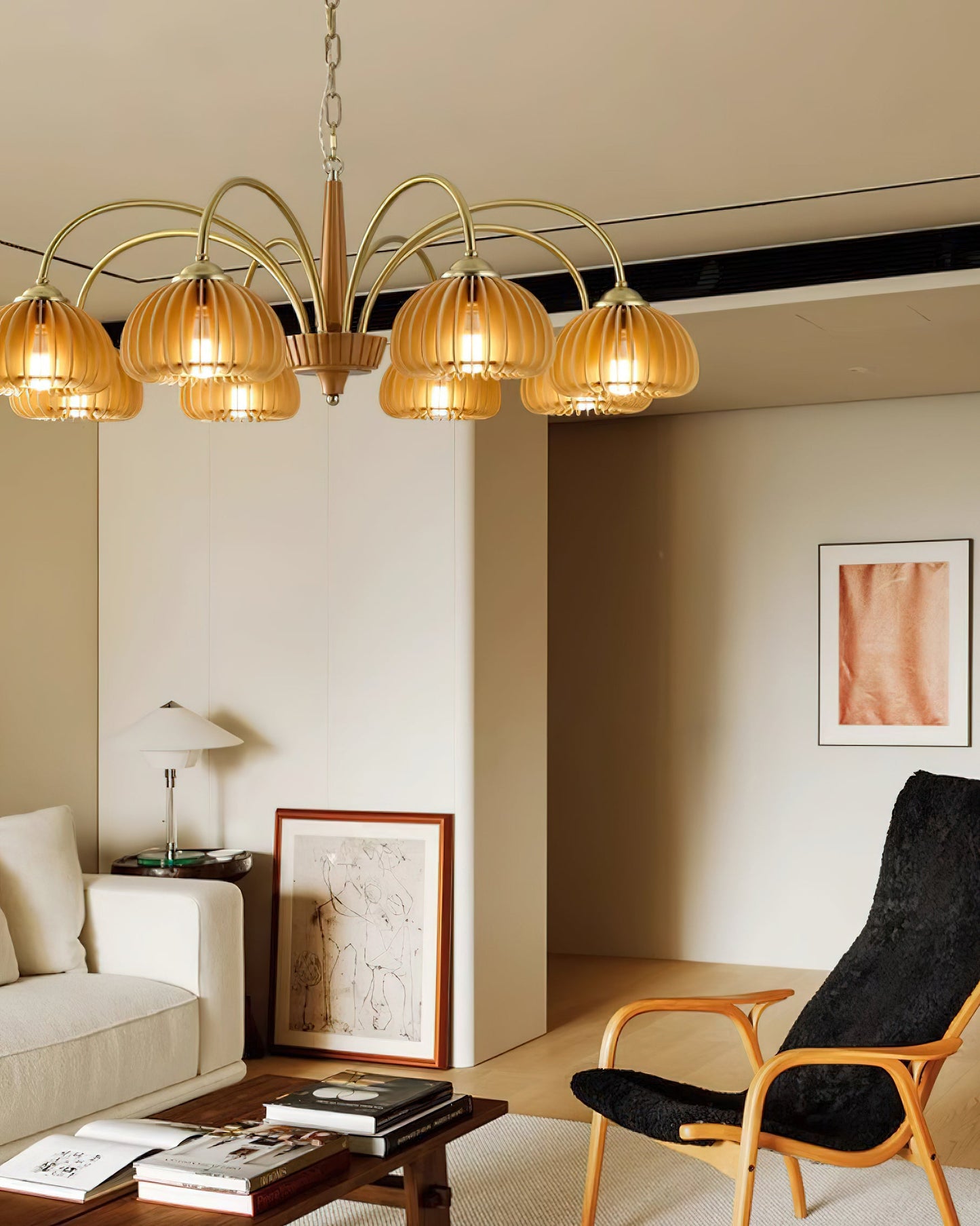 Émilie Chandelier en Bois, Abat-jours Cannelés d'Inspiration Citrouille avec Structure Métallique