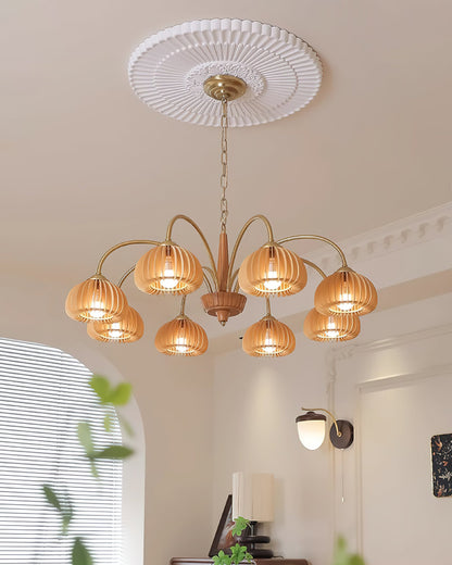 Émilie Chandelier en Bois, Abat-jours Cannelés d'Inspiration Citrouille avec Structure Métallique