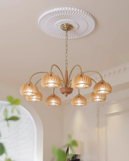 Émilie Chandelier en Bois, Abat-jours Cannelés d'Inspiration Citrouille avec Structure Métallique