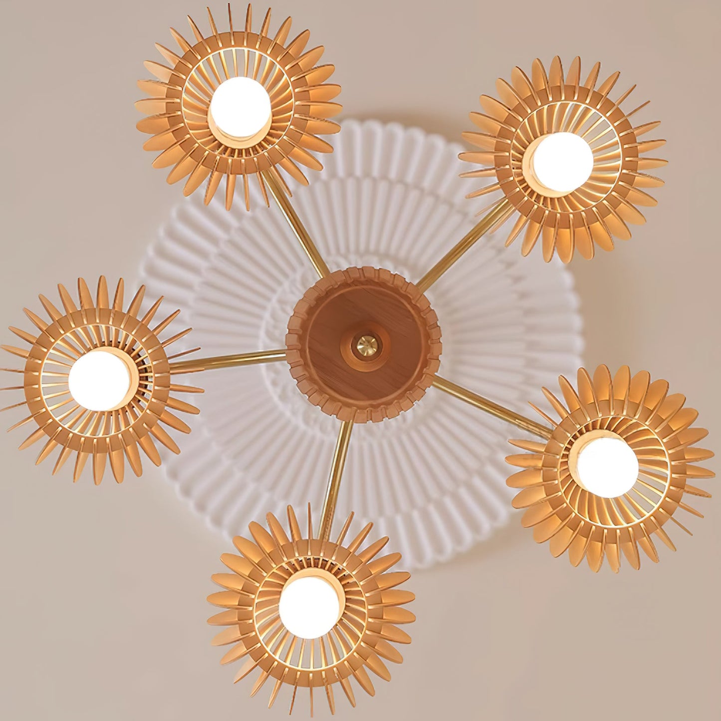 Émilie Chandelier en Bois, Abat-jours Cannelés d'Inspiration Citrouille avec Structure Métallique