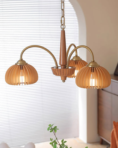 Émilie Chandelier en Bois, Abat-jours Cannelés d'Inspiration Citrouille avec Structure Métallique