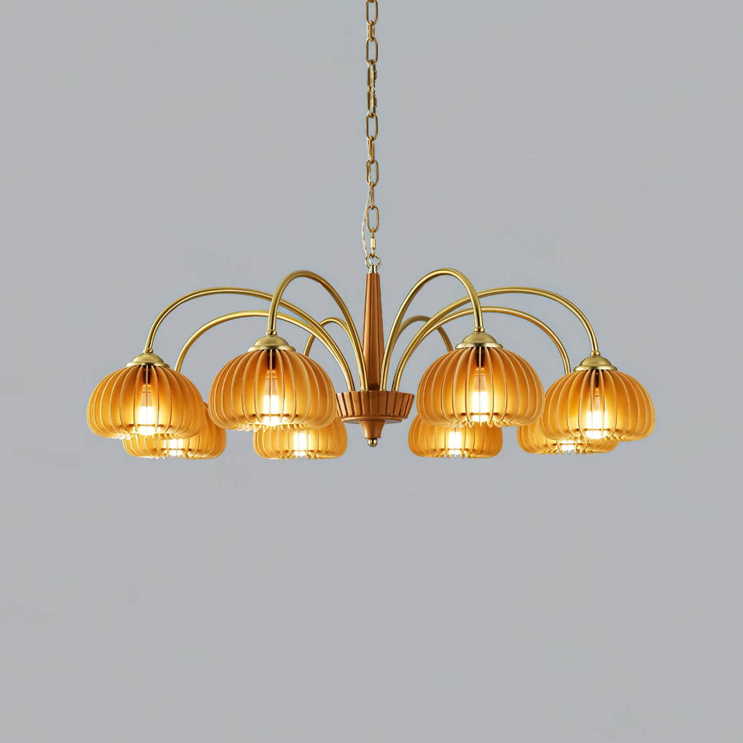 Émilie Chandelier en Bois, Abat-jours Cannelés d'Inspiration Citrouille avec Structure Métallique
