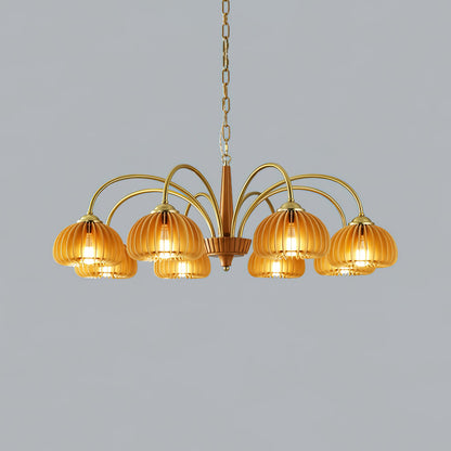Émilie Chandelier en Bois, Abat-jours Cannelés d'Inspiration Citrouille avec Structure Métallique
