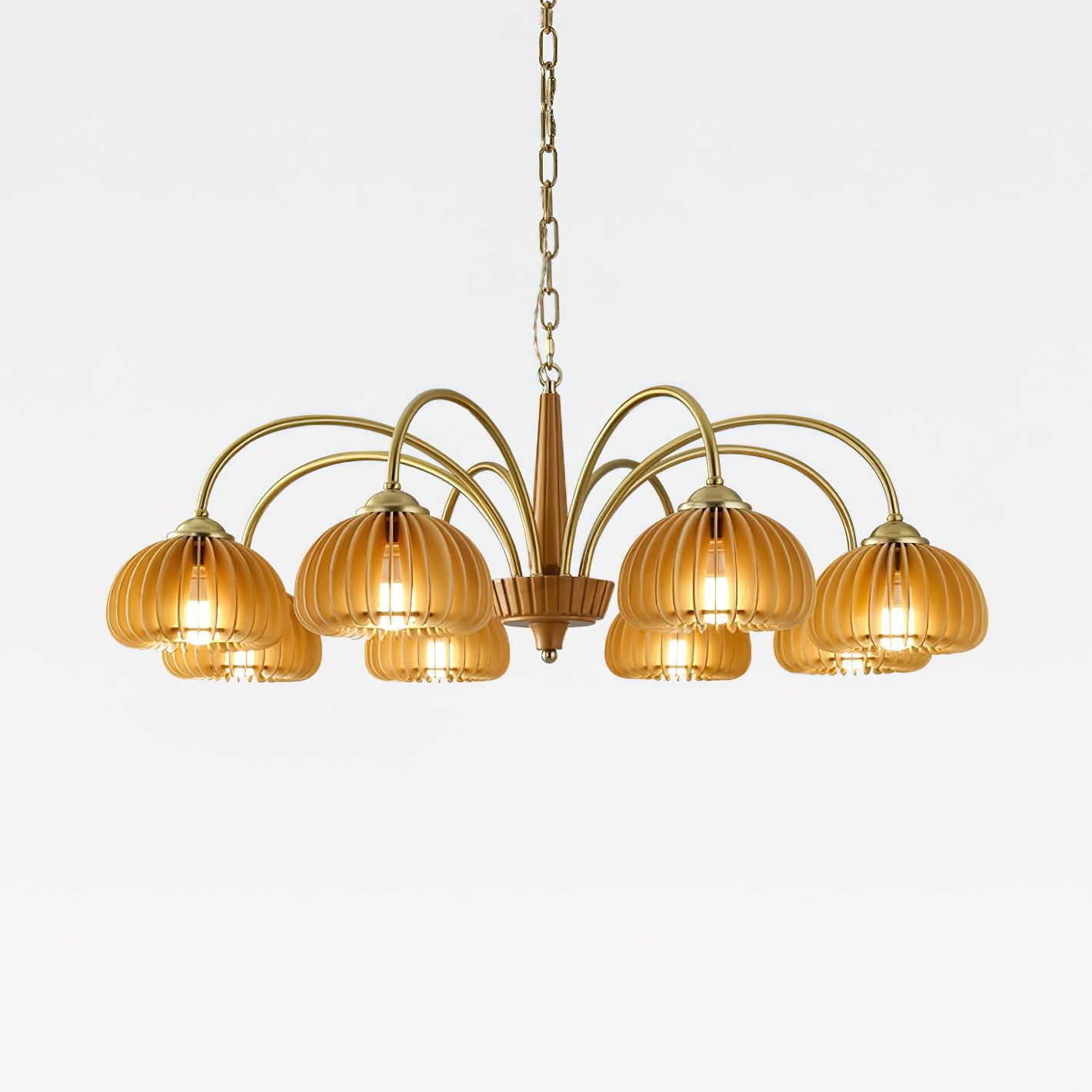 Émilie Chandelier en Bois, Abat-jours Cannelés d'Inspiration Citrouille avec Structure Métallique