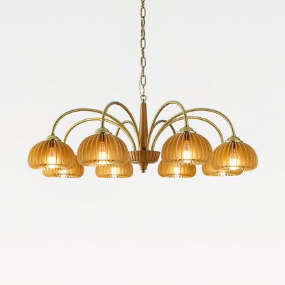 Émilie Chandelier en Bois, Abat-jours Cannelés d'Inspiration Citrouille avec Structure Métallique