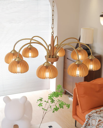 Émilie Chandelier en Bois, Abat-jours Cannelés d'Inspiration Citrouille avec Structure Métallique
