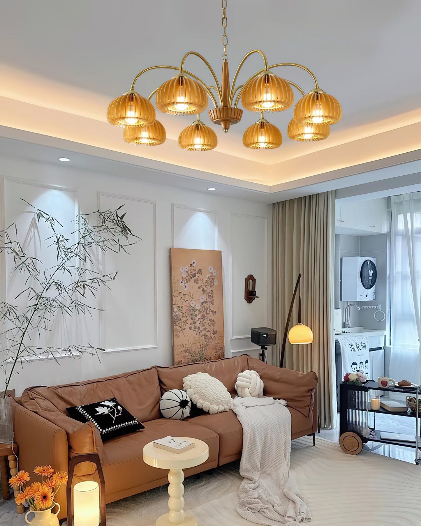 Émilie Chandelier en Bois, Abat-jours Cannelés d'Inspiration Citrouille avec Structure Métallique