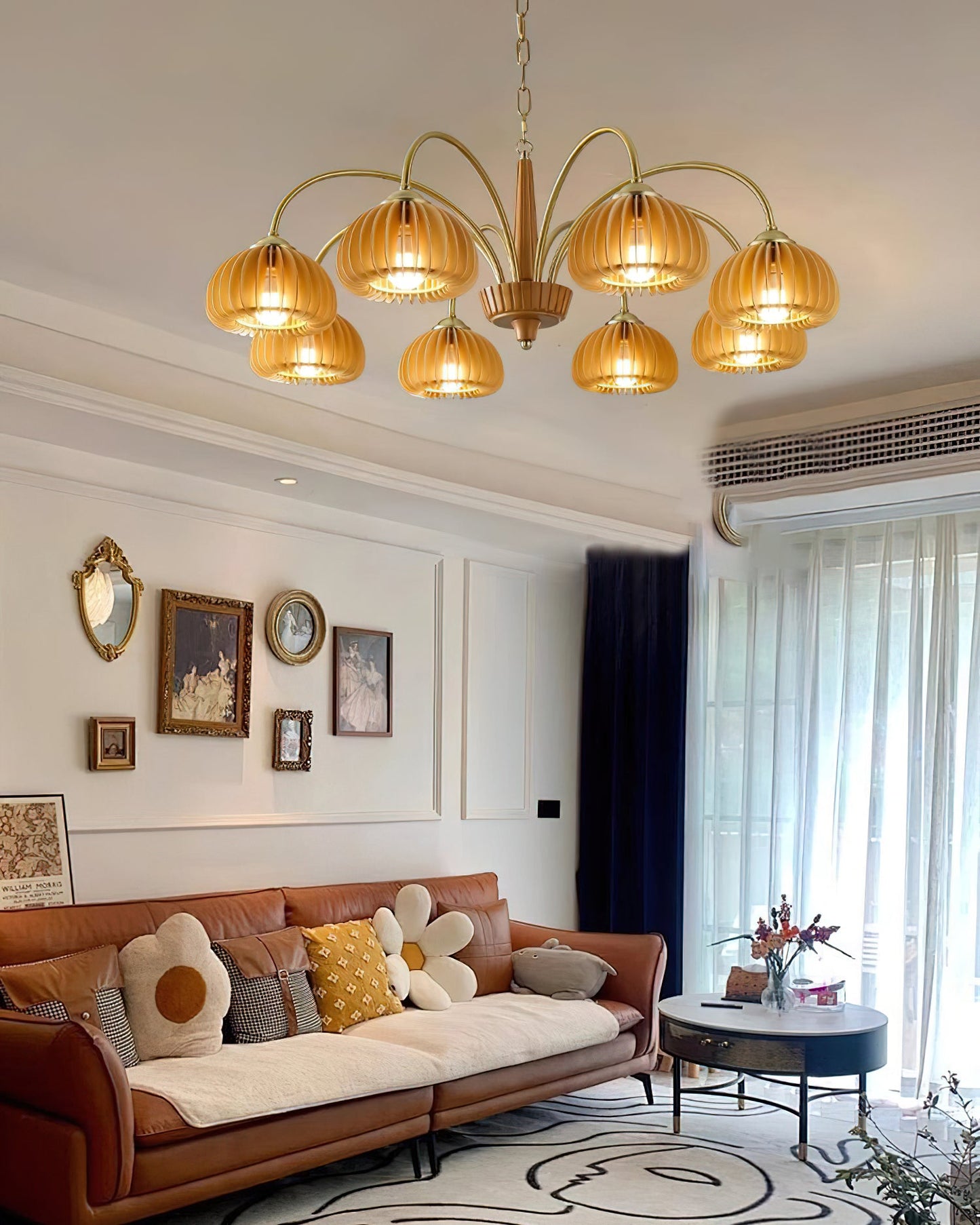 Émilie Chandelier en Bois, Abat-jours Cannelés d'Inspiration Citrouille avec Structure Métallique