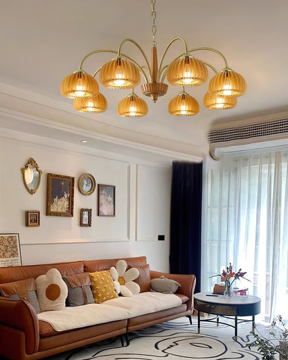 Émilie Chandelier en Bois, Abat-jours Cannelés d'Inspiration Citrouille avec Structure Métallique