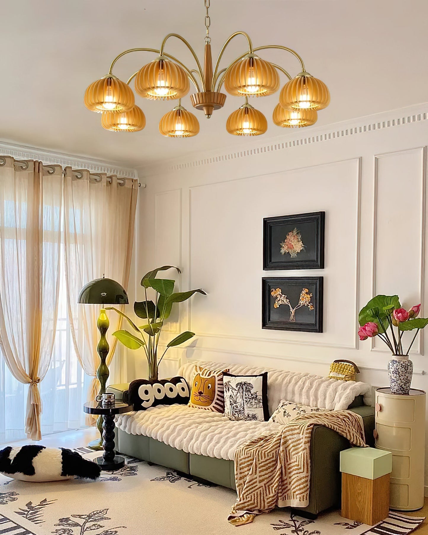 Émilie Chandelier en Bois, Abat-jours Cannelés d'Inspiration Citrouille avec Structure Métallique