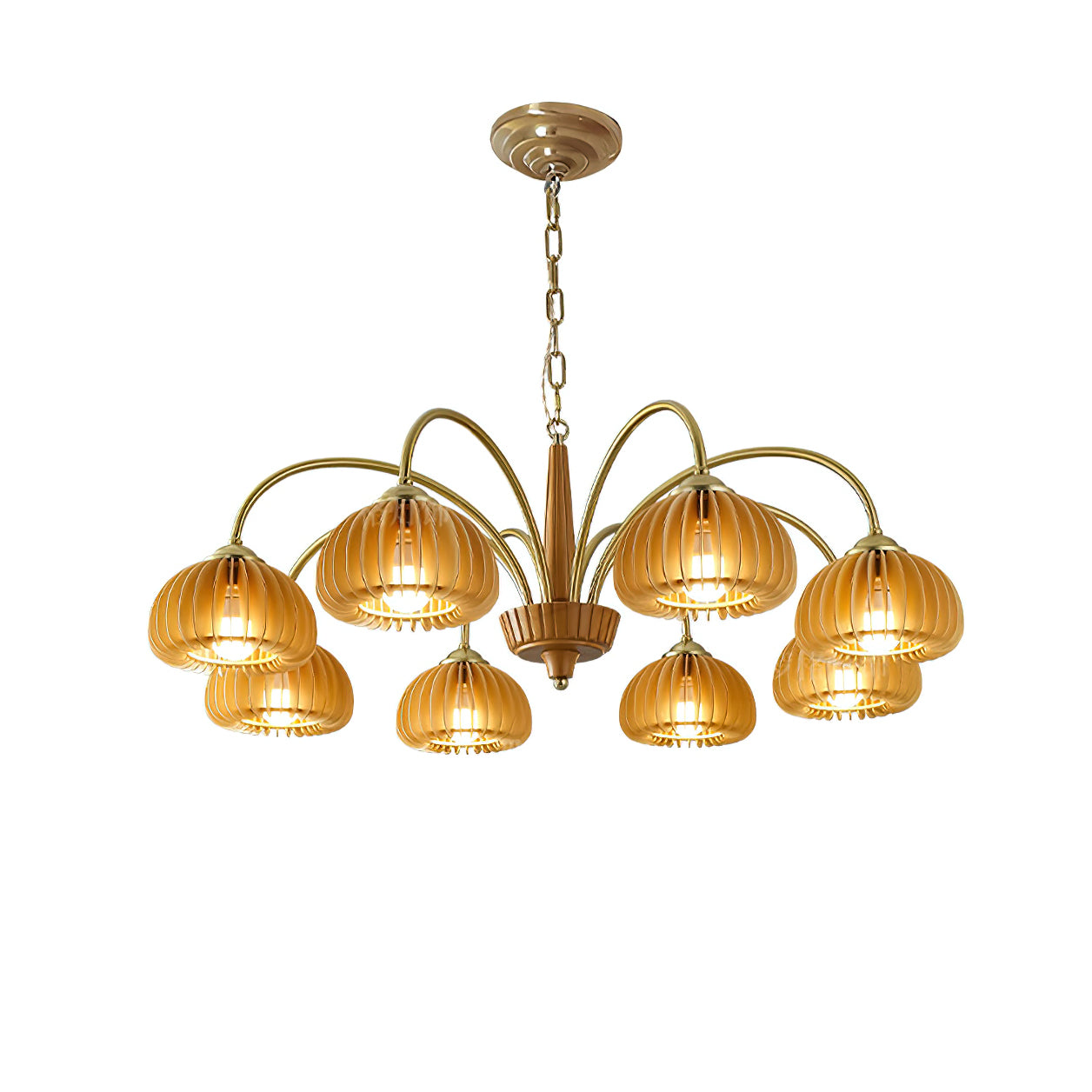 Émilie Chandelier en Bois, Abat-jours Cannelés d'Inspiration Citrouille avec Structure Métallique