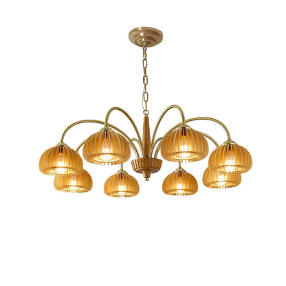 Émilie Chandelier en Bois, Abat-jours Cannelés d'Inspiration Citrouille avec Structure Métallique