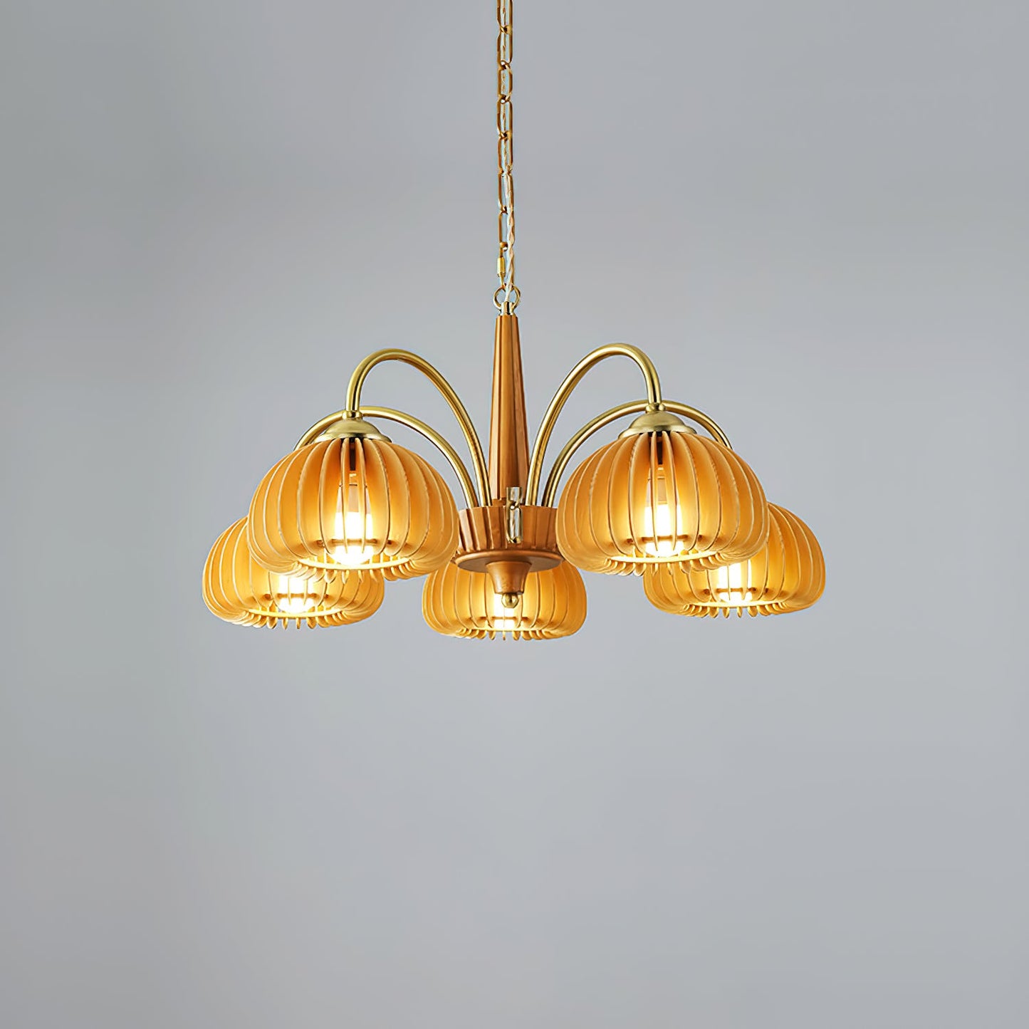 Émilie Chandelier en Bois, Abat-jours Cannelés d'Inspiration Citrouille avec Structure Métallique