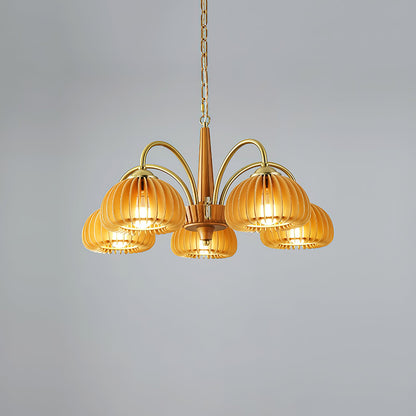 Émilie Chandelier en Bois, Abat-jours Cannelés d'Inspiration Citrouille avec Structure Métallique