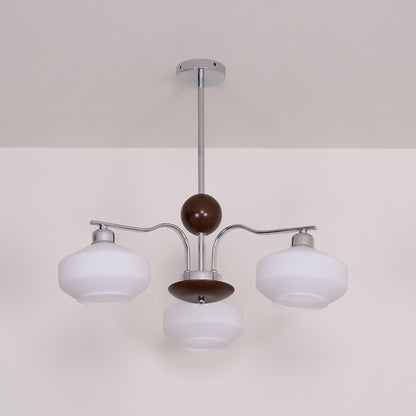 Lustre Béatrice rétro, abat-jour en verre avec structure en bois et métal