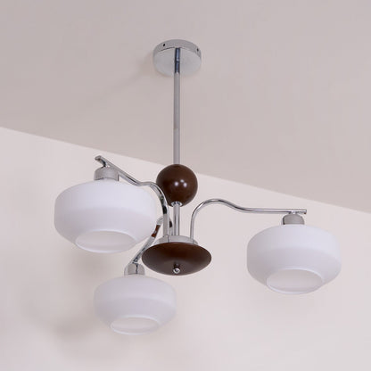 Lustre Béatrice rétro, abat-jour en verre avec structure en bois et métal
