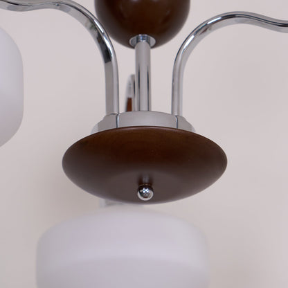 Lustre Béatrice rétro, abat-jour en verre avec structure en bois et métal