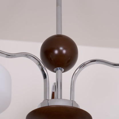 Lustre Béatrice rétro, abat-jour en verre avec structure en bois et métal
