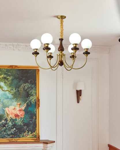 Lustre rétro Colette, abat-jour en verre avec cadre en bois et en métal