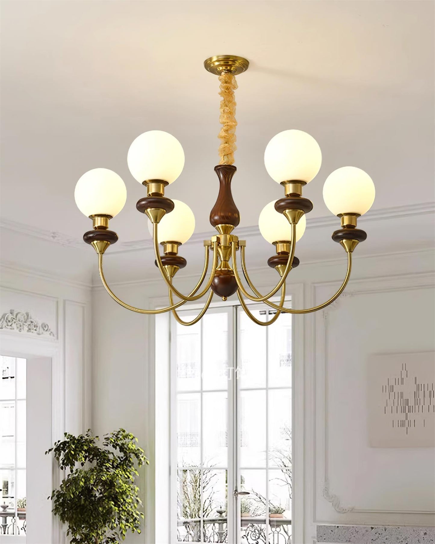 Lustre rétro Colette, abat-jour en verre avec cadre en bois et en métal