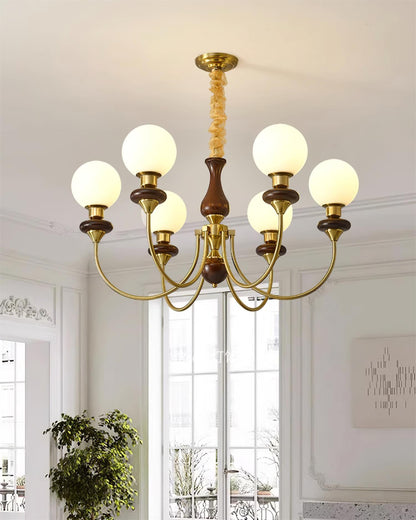 Lustre rétro Colette, abat-jour en verre avec cadre en bois et en métal