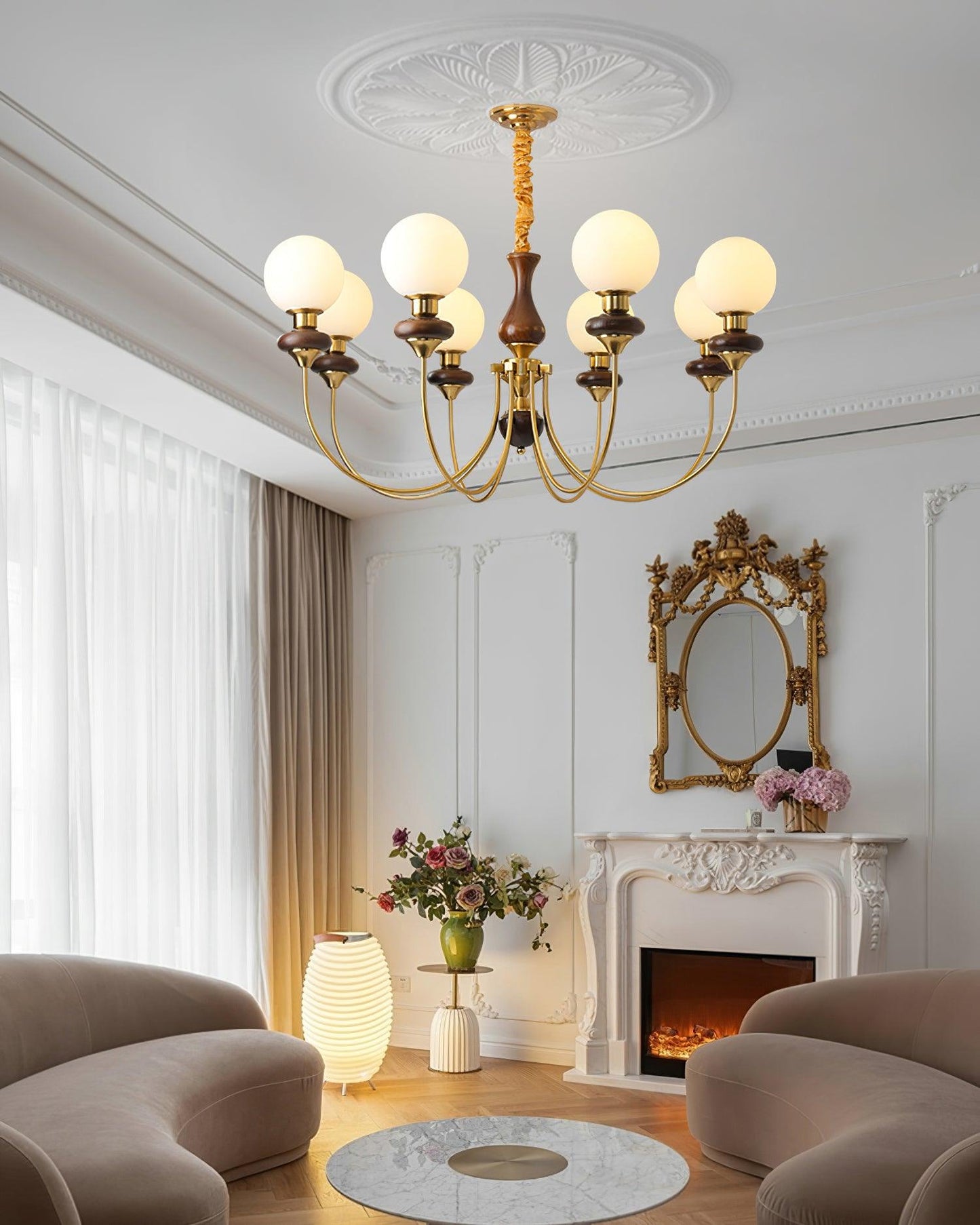 Lustre rétro Colette, abat-jour en verre avec cadre en bois et en métal