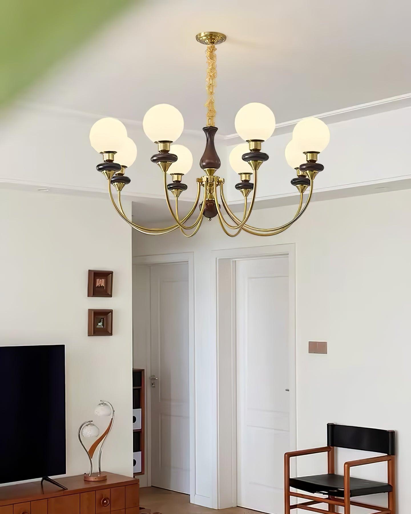 Lustre rétro Colette, abat-jour en verre avec cadre en bois et en métal