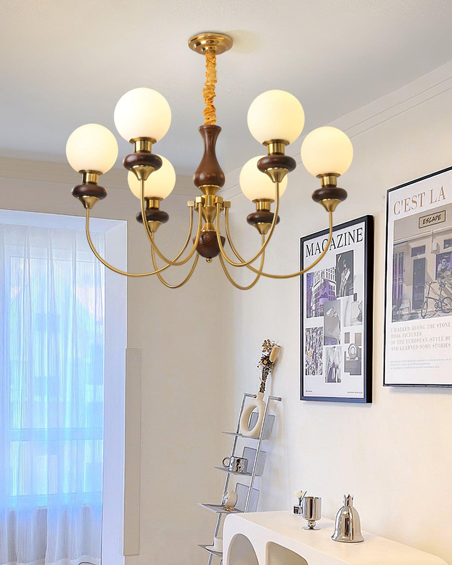 Lustre rétro Colette, abat-jour en verre avec cadre en bois et en métal