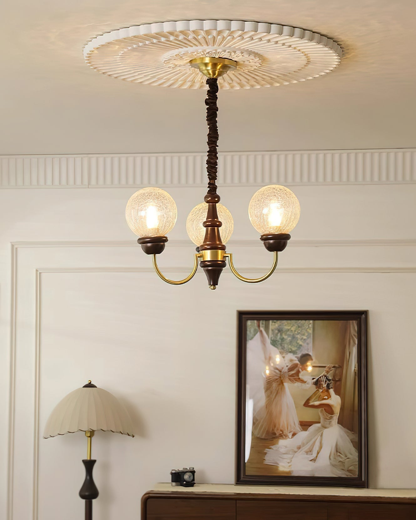 Lustre Delphine Rétro, Bras en Laiton Courbés avec Globes en Verre