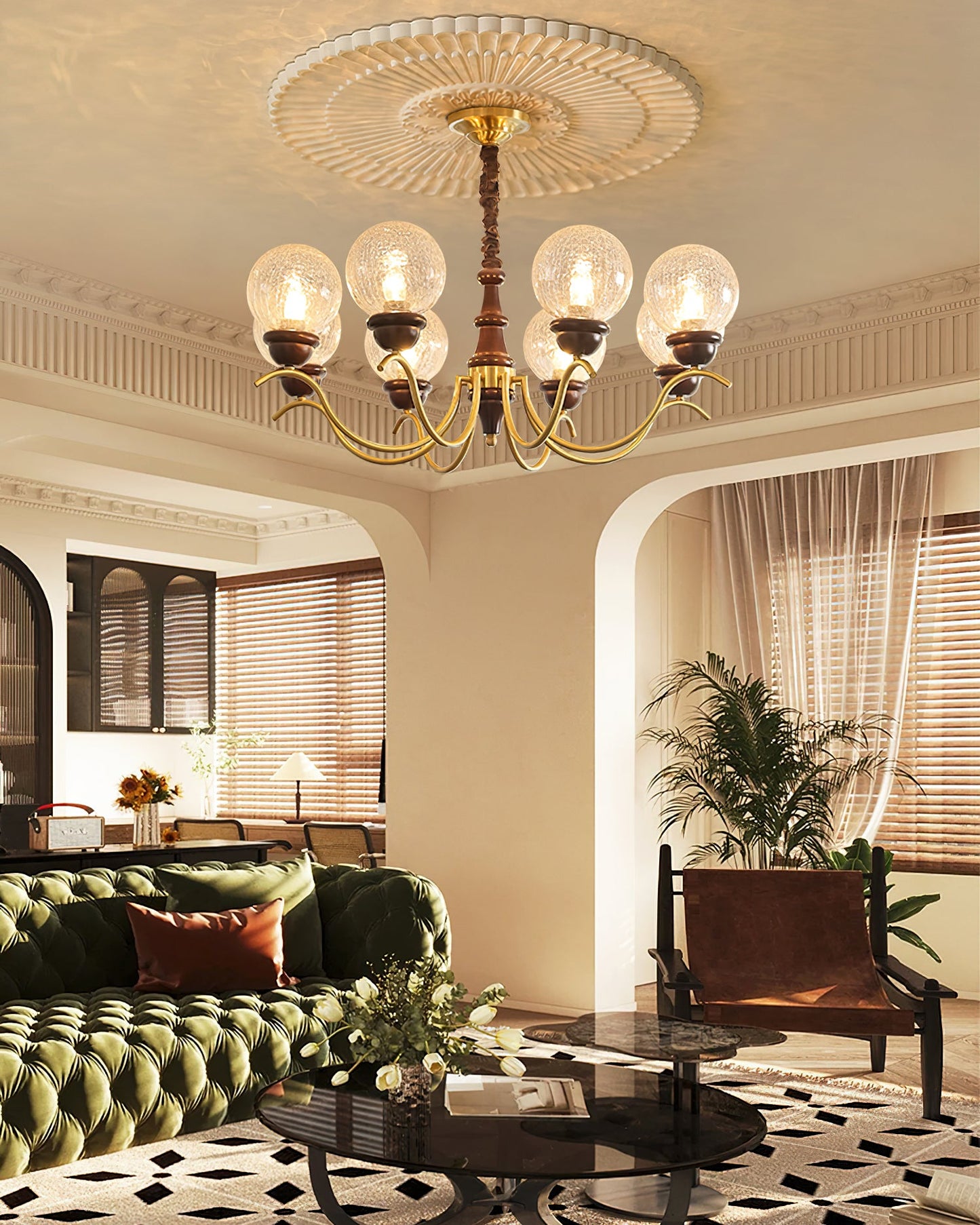 Lustre Delphine Rétro, Bras en Laiton Courbés avec Globes en Verre