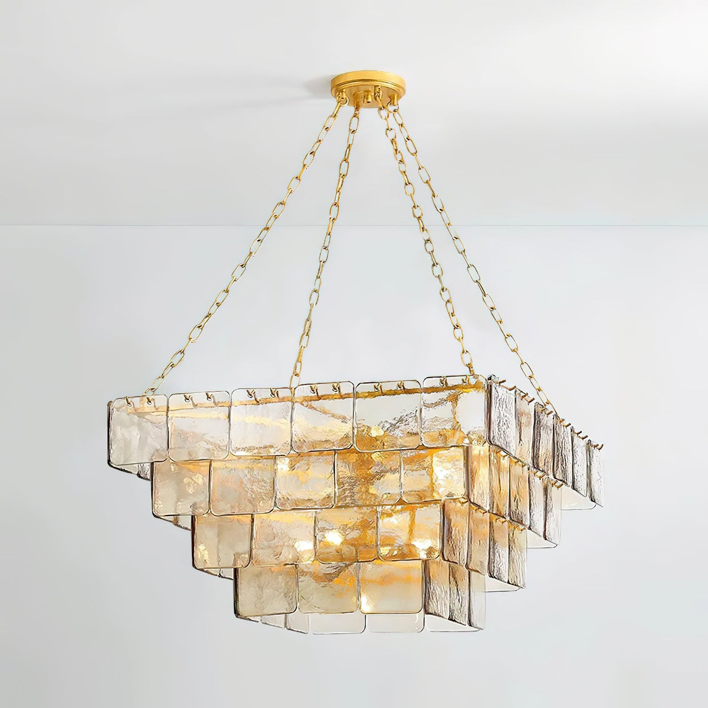 Séverine Glass Chandelier, Layered Textured Panels with Gold Frame