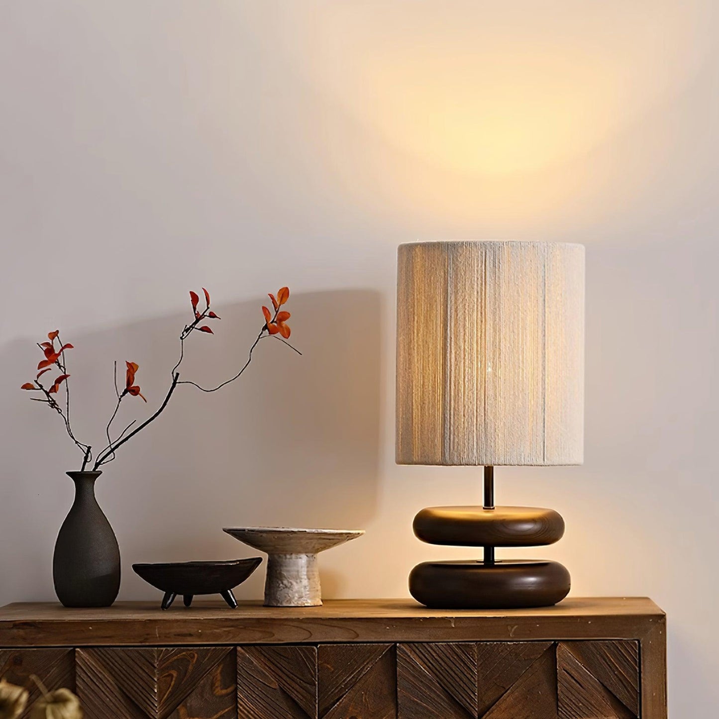 Camille Wooden River Rock Table Lamp with Fabric Shade