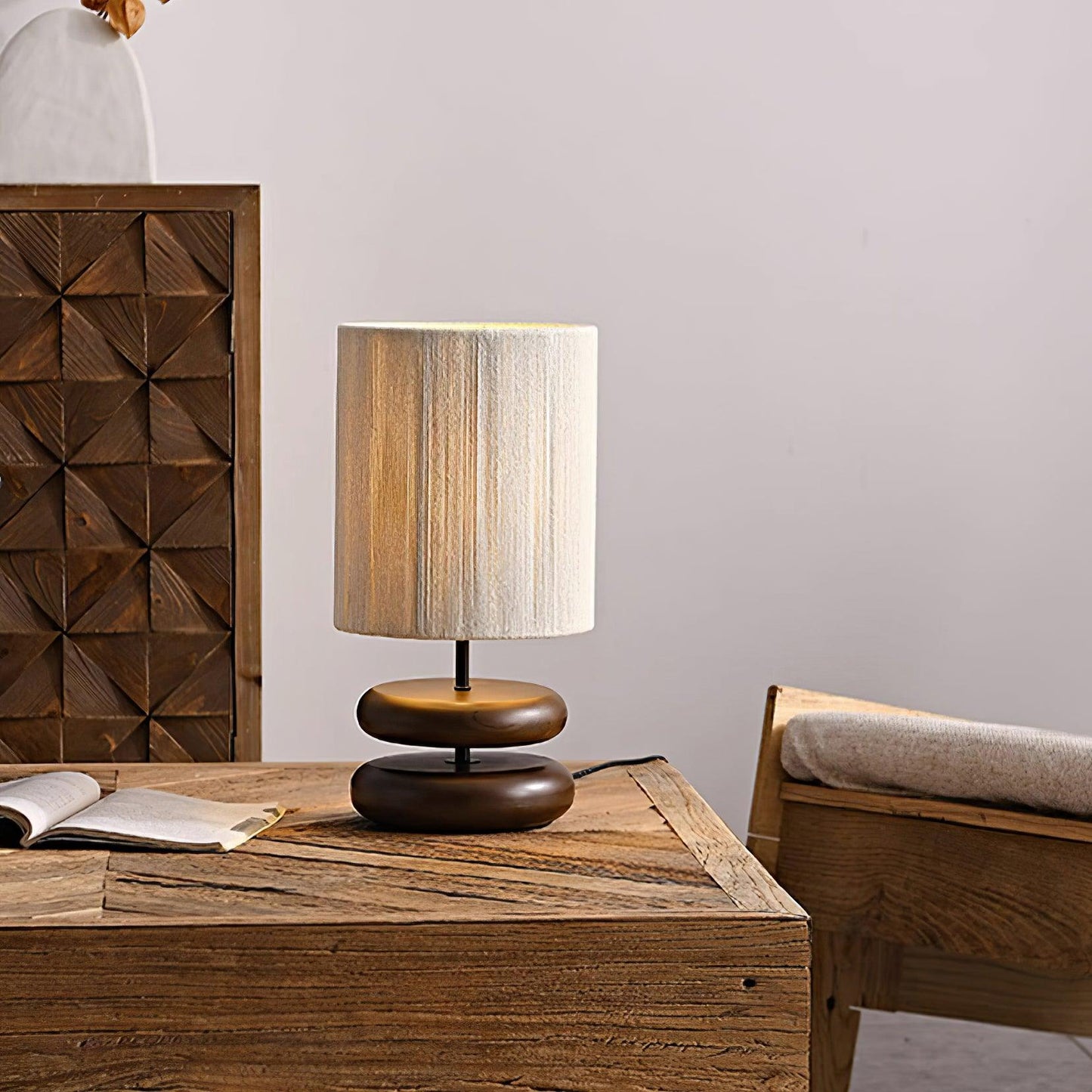 Camille Wooden River Rock Table Lamp with Fabric Shade