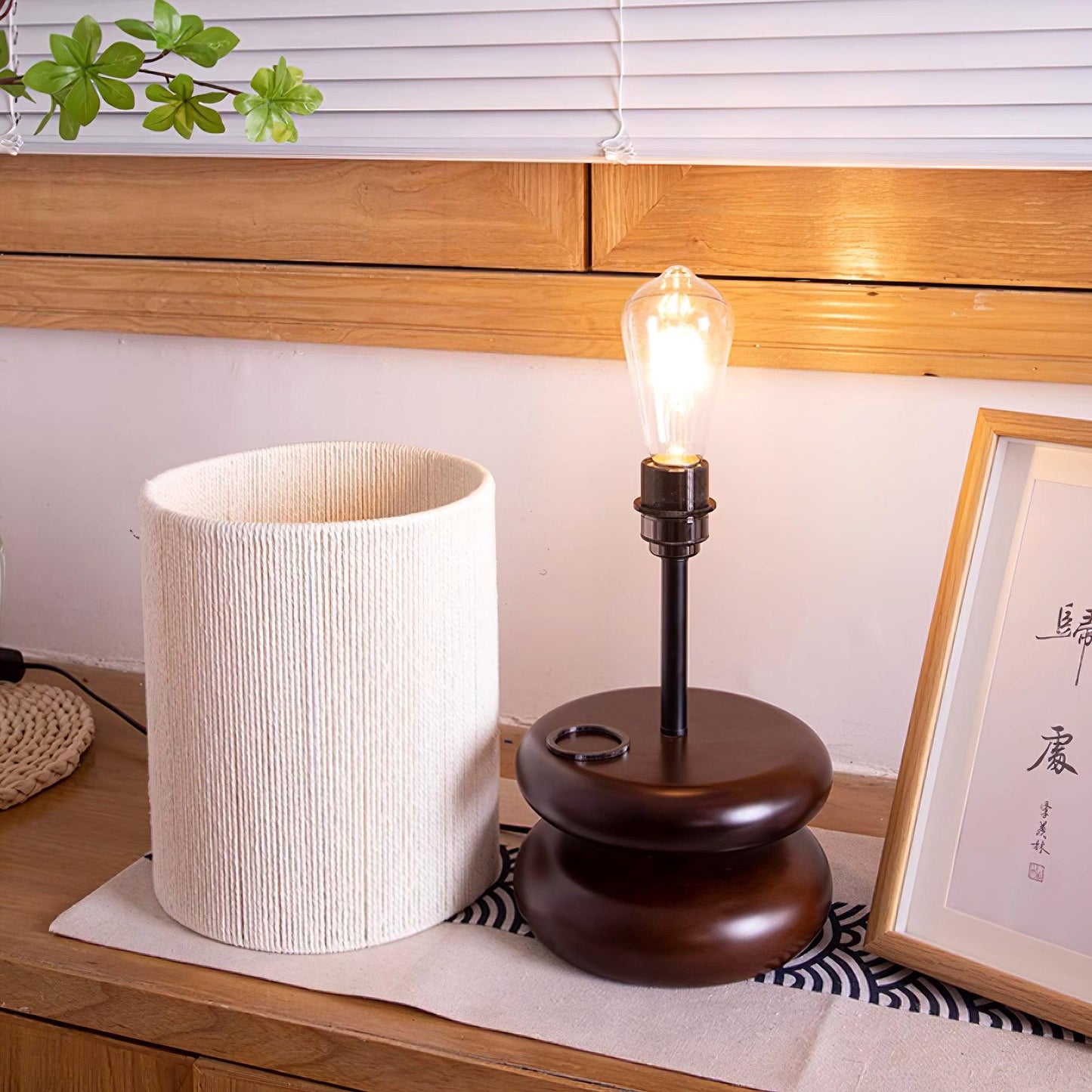 Camille Wooden River Rock Table Lamp with Fabric Shade