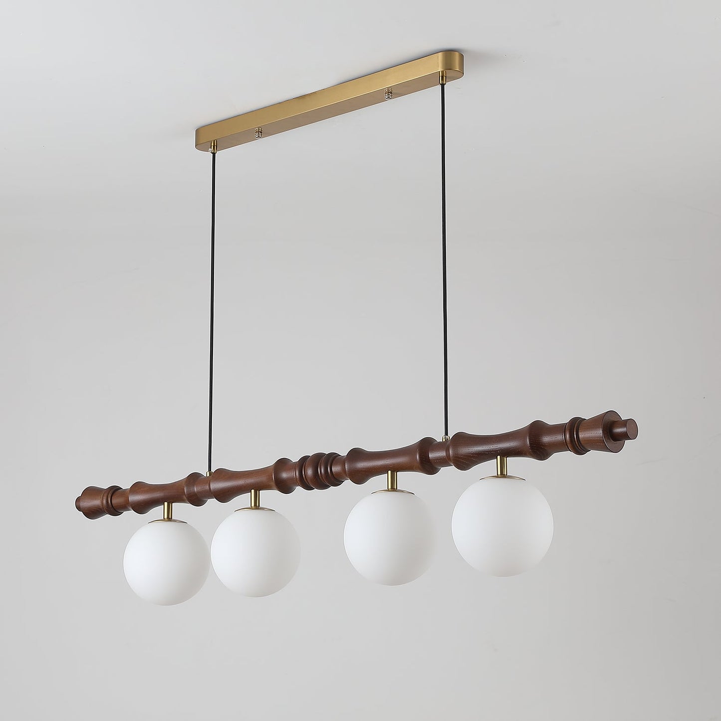 Lustre Céline en bois, poutre en bois sculpté avec globes en verre dépoli