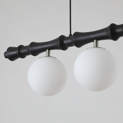 Lustre Céline en bois, poutre en bois sculpté avec globes en verre dépoli