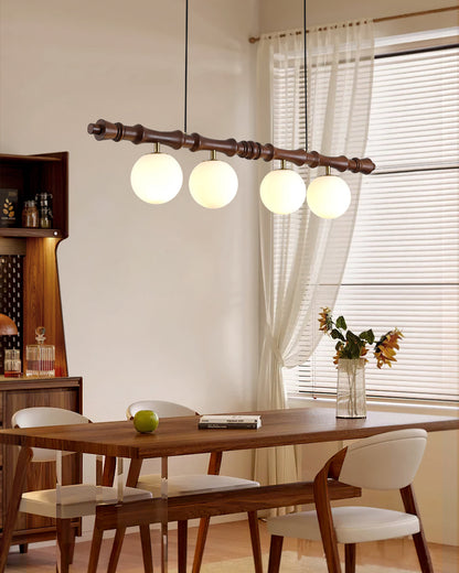 Lustre Céline en bois, poutre en bois sculpté avec globes en verre dépoli