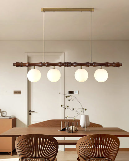 Lustre Céline en bois, poutre en bois sculpté avec globes en verre dépoli
