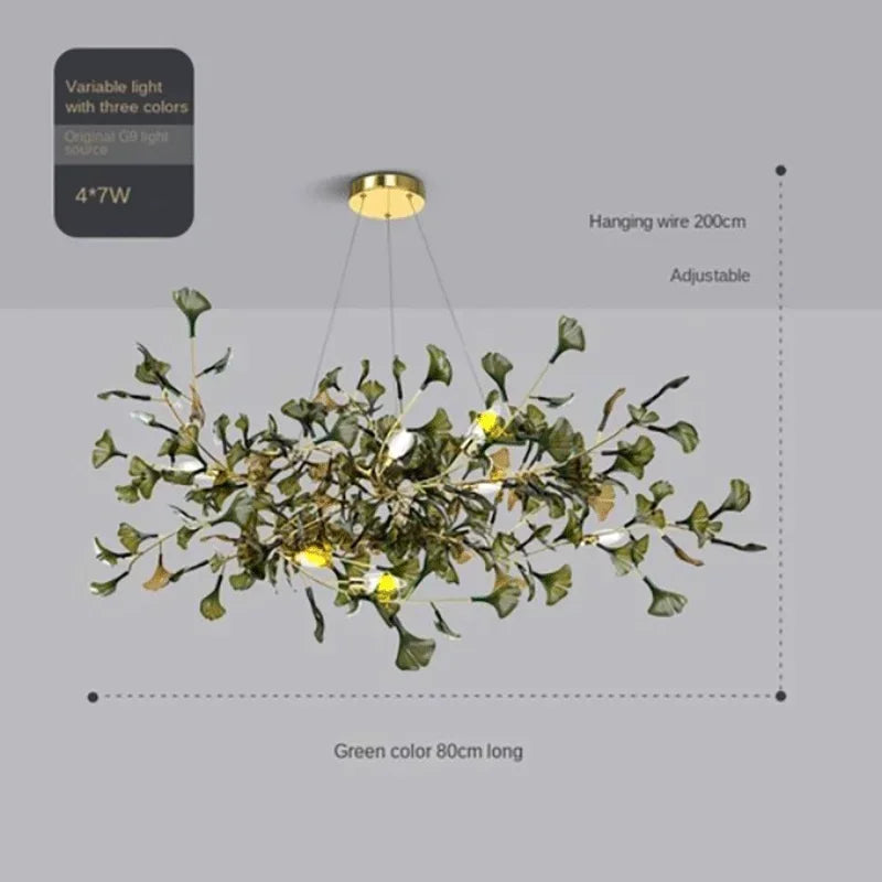 Lustre de luxe en forme de feuille de ginkgo et de branche en verre