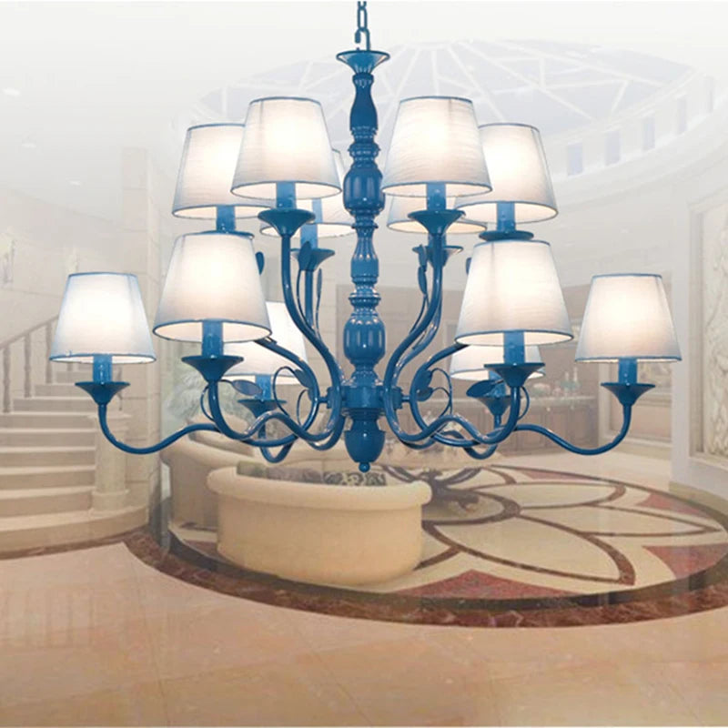 Lustre rustique de luxe en fer forgé avec lumières LED bougies bleues pour salon