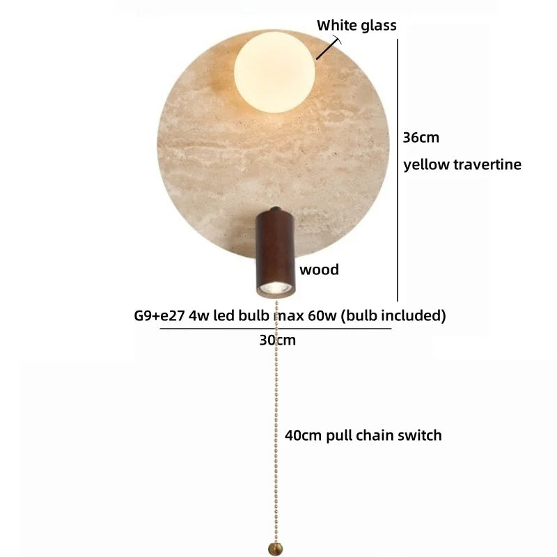 Applique murale LED Sophie en travertin jaune et bois Wabi Sabi