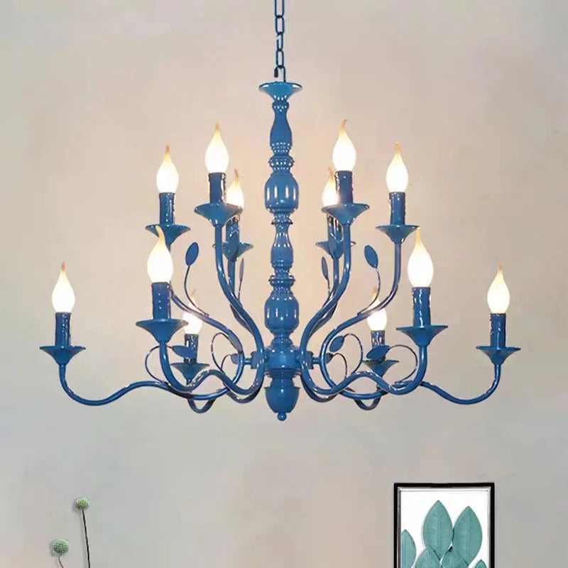Lustre rustique de luxe en fer forgé avec lumières LED bougies bleues pour salon