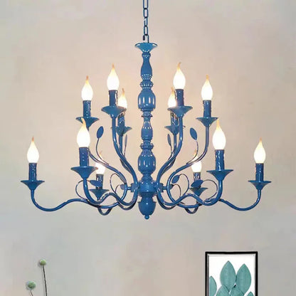Lustre rustique de luxe en fer forgé avec lumières LED bougies bleues pour salon