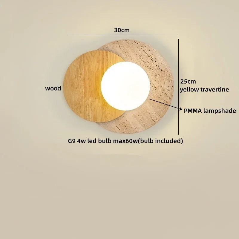 Applique murale Lucie en pierre de travertin avec base en bois