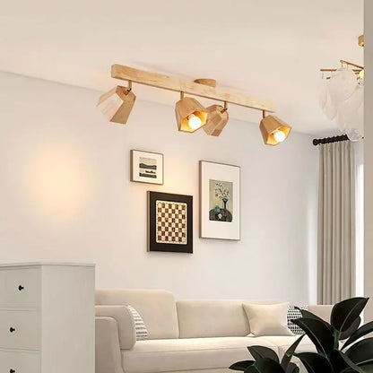 Élise Japanese Modern Wooden LED Ceiling Track Spotlight Chandelier