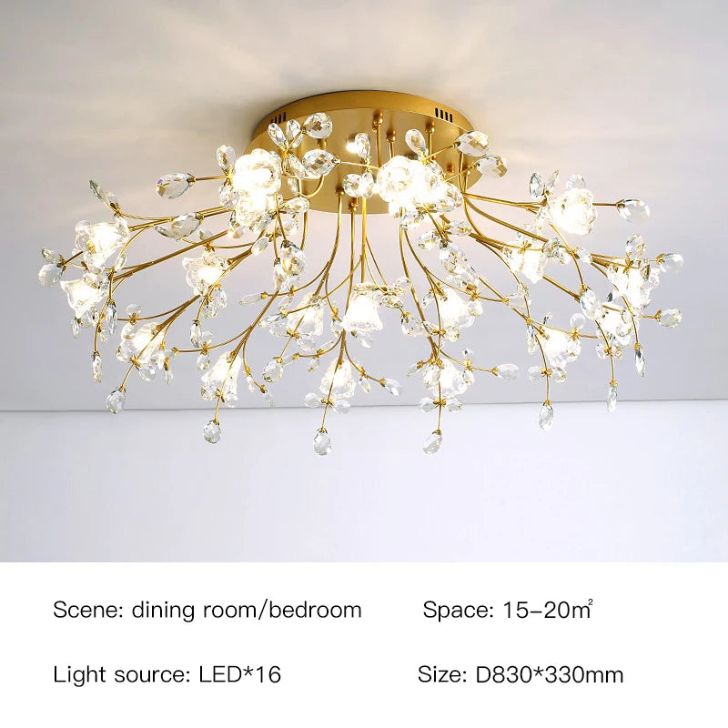 Plafonnier Eléonore en forme d'arbre, branches en cristal doré